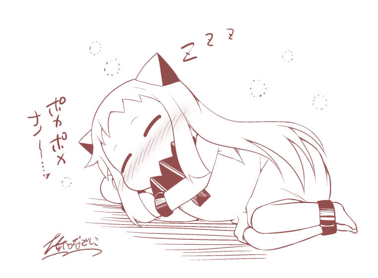 1girl barefoot blush closed_eyes commentary_request dress horns kantai_collection long_hair lying mittens monochrome northern_ocean_hime nose_blush on_side shinkaisei-kan sleeping sleeveless sleeveless_dress solo translation_request yamato_nadeshiko zzz