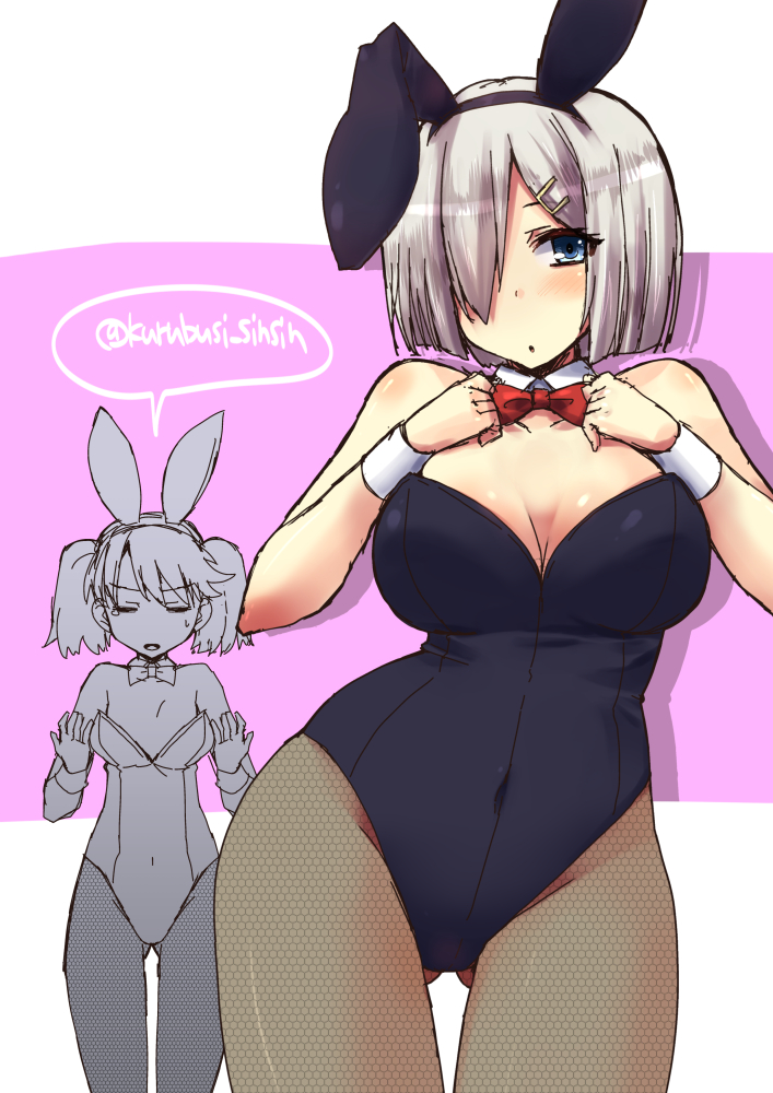 2girls animal_ears bare_shoulders black_legwear blue_eyes bow bowtie breast_envy breasts bunny_girl bunnysuit cleavage detached_collar fishnet_pantyhose fishnets flat_chest hair_ornament hair_over_one_eye hairclip hamakaze_(kantai_collection) kantai_collection leotard long_hair multiple_girls open_mouth pantyhose rabbit_ears ryuujou_(kantai_collection) shinshin short_hair silver_hair sweatdrop twintails wrist_cuffs
