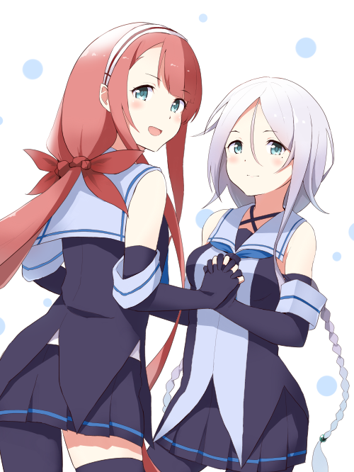 2girls blue_eyes braid gloves hairband kantai_collection kawakaze_(kantai_collection) long_hair multiple_girls redhead school_uniform serafuku silver_hair skirt smile sui_(tsuruhibiki) twintails umikaze_(kantai_collection)