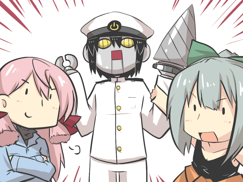 admiral_(kantai_collection) akashi_(kantai_collection) arm_up bangs black_hair blunt_bangs coat crossed_arms drill_hand gomasamune green_hair hair_between_eyes hat kantai_collection military military_hat military_uniform open_mouth peaked_cap pincers_(tool) pink_hair robot smile tank_top uniform yuubari_(kantai_collection)
