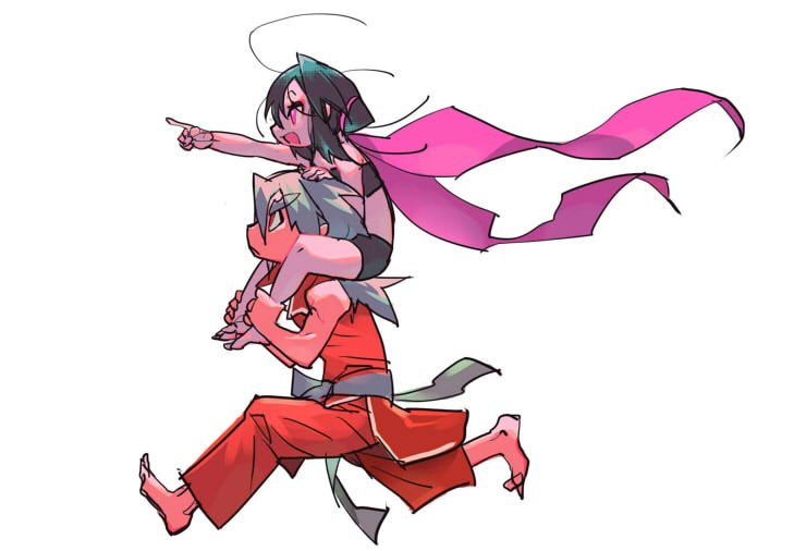 1boy 1girl :d ahoge ankle_grab bare_shoulders barefoot bike_shorts black_hair carrying chinese_clothes commentary_request eyebrows eyeshadow grey_hair hair_ribbon hand_on_another's_head long_hair makeup open_mouth original pink_eyes pink_skin pointing pointing_forward red_eyes red_skin ribbon same_(g_shark) sash short_hair short_hair_with_long_locks shoulder_carry smile sports_bikini thick_eyebrows