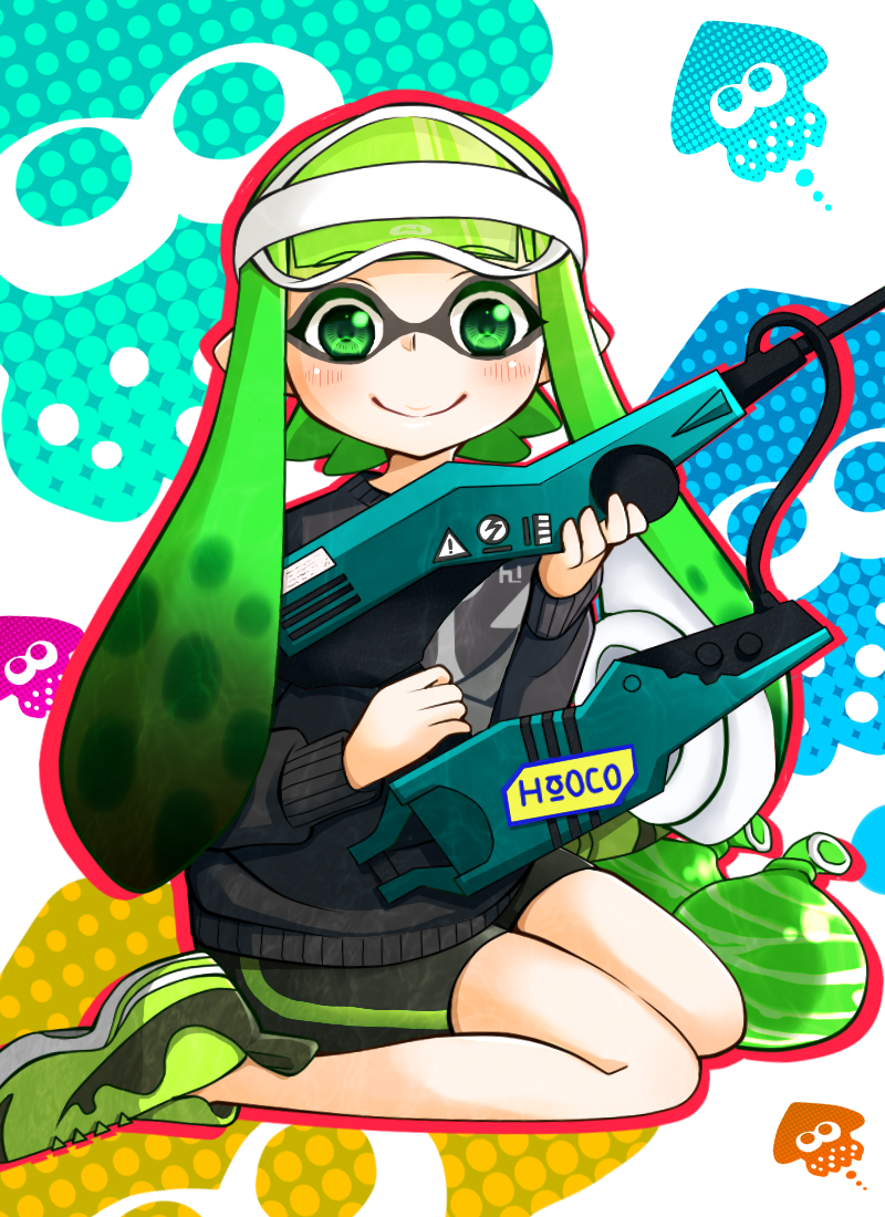 1girl bike_shorts blush domino_mask female inkling mask shoes sitting smile sneakers solo splatoon squid water_balloon weapon