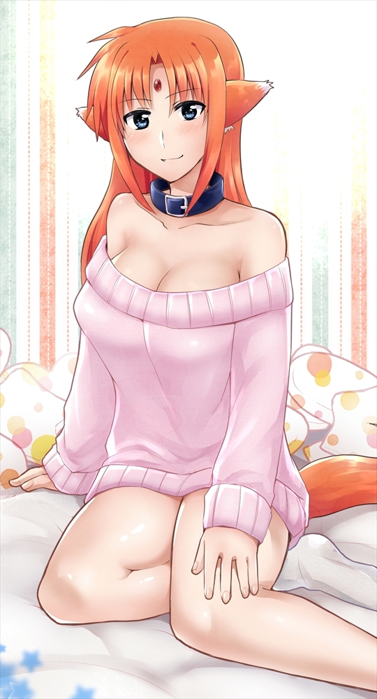 1girl animal_ears arf bare_shoulders blue_eyes blush breasts cleavage collar dog_collar fang forehead_jewel large_breasts long_hair looking_at_viewer lyrical_nanoha mahou_shoujo_lyrical_nanoha nagashiro_rouge naked_sweater redhead sitting smile socks solo sweater tail wolf_ears wolf_tail