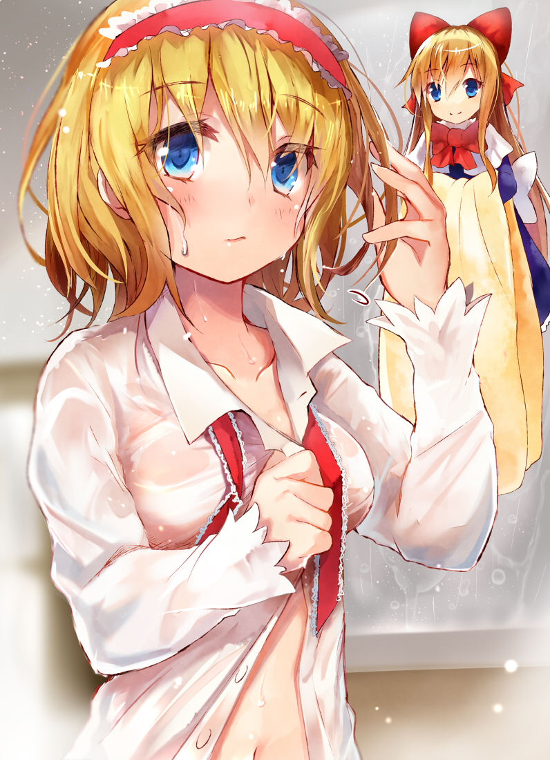 1girl alice_margatroid bangs blonde_hair blue_eyes blush bow closed_mouth collared_shirt efe eyebrows eyebrows_visible_through_hair hair_between_eyes hair_bow hairband long_sleeves looking_at_viewer navel open_clothes red_bow see-through shanghai_doll shirt short_hair solo touhou towel upper_body wet wet_clothes wet_hair white_shirt