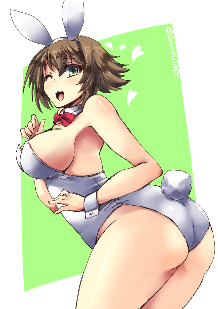 1girl alternate_costume animal_ears ass backless_outfit bare_legs breasts bunny_girl bunny_tail bunnysuit flipped_hair green_eyes kantai_collection large_breasts leotard light_brown_hair looking_at_viewer mutsu_(kantai_collection) off_shoulder one_eye_closed open_mouth rabbit_ears shinshin short_hair sideboob solo tail