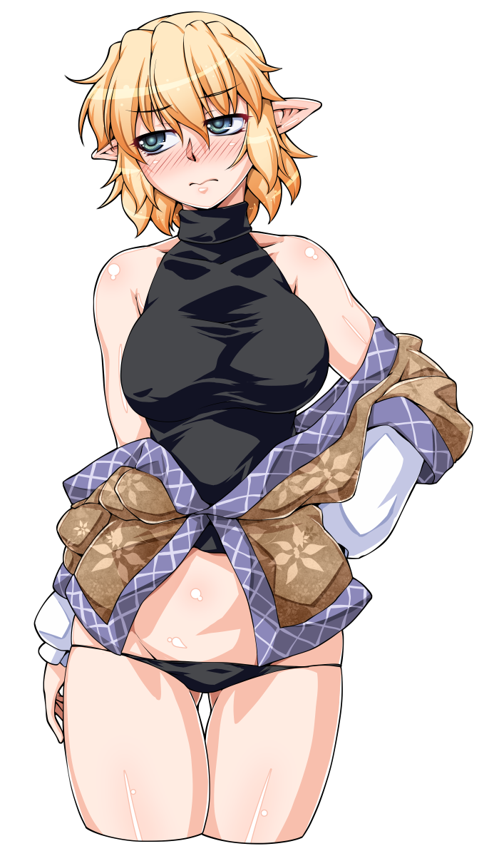 1girl arm_warmers bare_shoulders black_panties blonde_hair blush breasts cowboy_shot green_eyes hand_on_hip highres japanese_clothes looking_away mizuhashi_parsee nose_blush ootsuki_wataru open_clothes panties pointy_ears scarf short_hair solo touhou turtleneck underwear white_background
