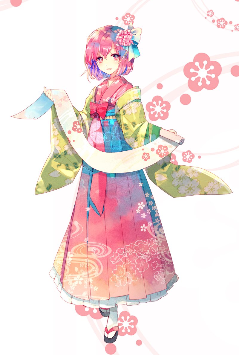 1girl floral_print flower full_body hair_flower hair_ornament hair_ribbon hieda_no_akyuu japanese_clothes kimono layered_clothing layered_kimono looking_at_viewer nr_(cmnrr) pink_eyes pink_hair ribbon sandals scroll short_hair smile socks solo standing touhou white_background