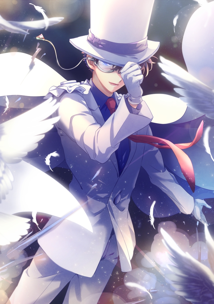 1boy akiyoshi_(tama-pete) bird blue_eyes brown_hair cape formal gloves hat kaitou_kid kuroba_kaitou meitantei_conan monocle necktie short_hair suit top_hat