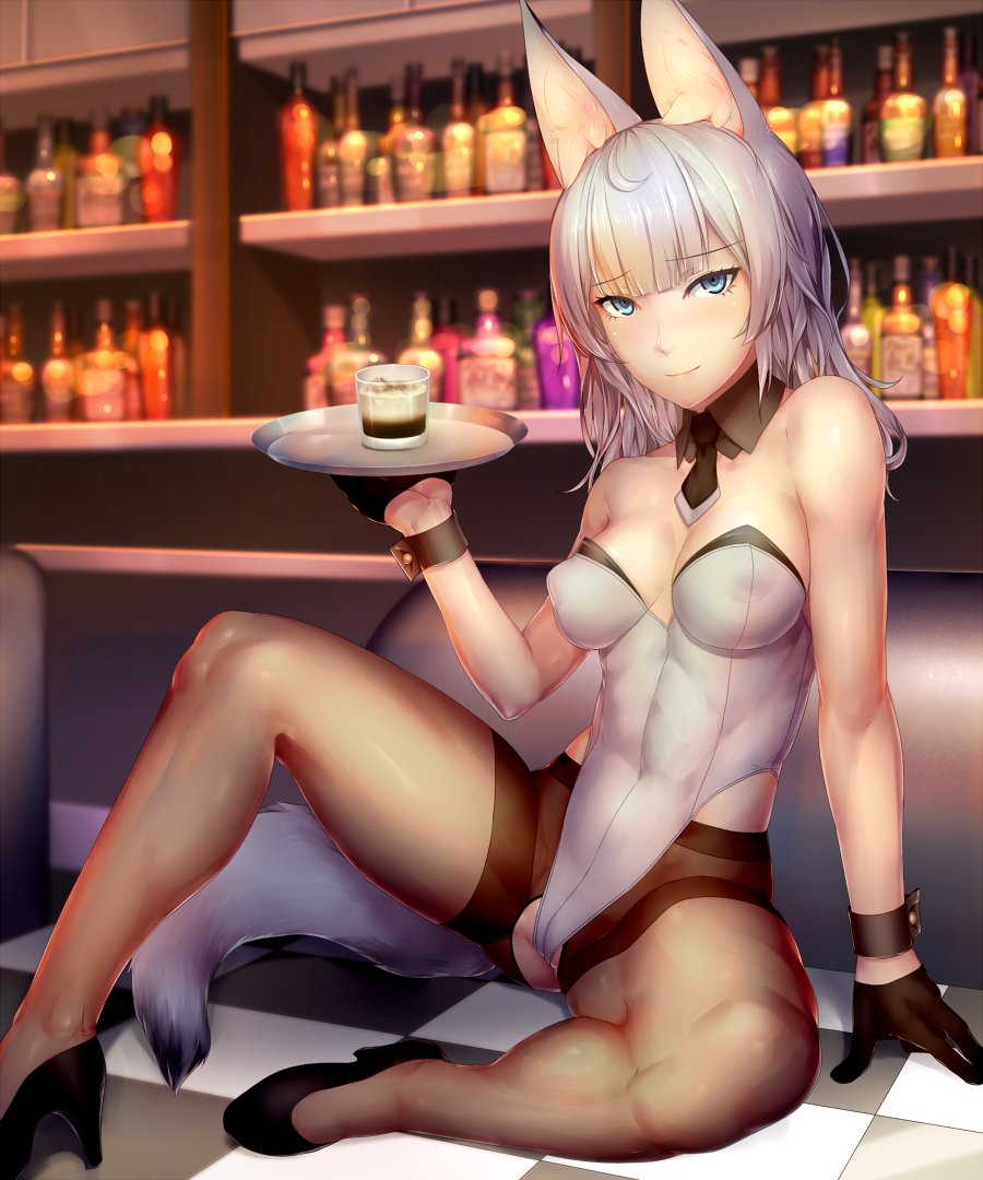 1girl animal_ears ass bangs bare_shoulders black_gloves black_legwear blue_eyes blue_hair blunt_bangs bottle breasts bunnysuit cleavage covered_navel covered_nipples crotch_cutout cup detached_collar drinking_glass fox_ears fox_tail geetsu gloves ice ice_cube kageshio_(276006) knee_up long_hair necktie original pantyhose sekka_(kageshio) sitting solo tail tray wrist_cuffs