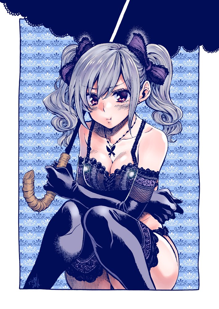 1girl black_bra black_gloves black_legwear black_panties blue_background blush bra breasts butterfly_necklace collarbone drill_hair elbow_gloves gloves gothic_lolita idolmaster idolmaster_cinderella_girls jewelry kanzaki_ranko lace lace-trimmed_bra lace-trimmed_gloves lace-trimmed_thighhighs lace_bra lingerie lolita_fashion long_hair looking_at_viewer necklace panties parasol pout red_eyes silver_hair solo takanashi_ringo thigh-highs twin_drills twintails umbrella underwear