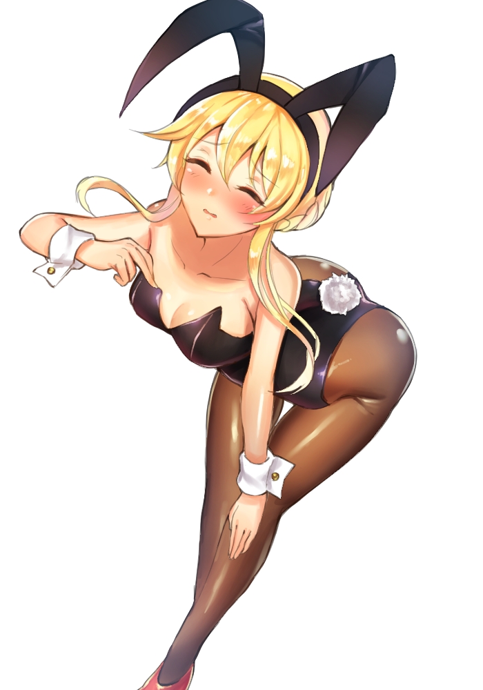 1girl animal_ears bare_shoulders blonde_hair blush breasts bunny_girl bunny_tail bunnysuit clarice_(idolmaster) cleavage closed_eyes eikisama113 fake_animal_ears idolmaster idolmaster_cinderella_girls large_breasts leaning_forward leotard pantyhose rabbit_ears solo tail wrist_cuffs