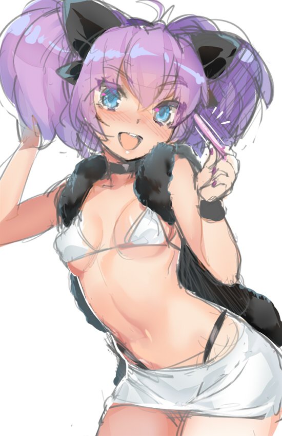 1girl :d black_panties blue_eyes blush breasts choker cleavage covered_nipples miniskirt naso4 open_mouth original panties pregnancy_test purple_hair simple_background skirt smile solo teeth thong twintails underwear white_background