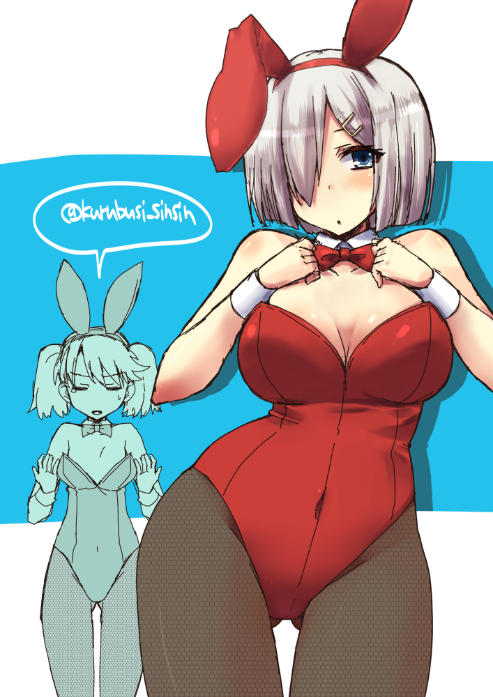 2girls animal_ears bare_shoulders black_legwear blue_eyes bow bowtie breast_envy breasts bunny_girl bunnysuit cleavage detached_collar fishnet_pantyhose fishnets flat_chest hair_ornament hair_over_one_eye hairclip hamakaze_(kantai_collection) kantai_collection leotard long_hair multiple_girls open_mouth pantyhose rabbit_ears ryuujou_(kantai_collection) shinshin short_hair silver_hair sweatdrop twintails wrist_cuffs