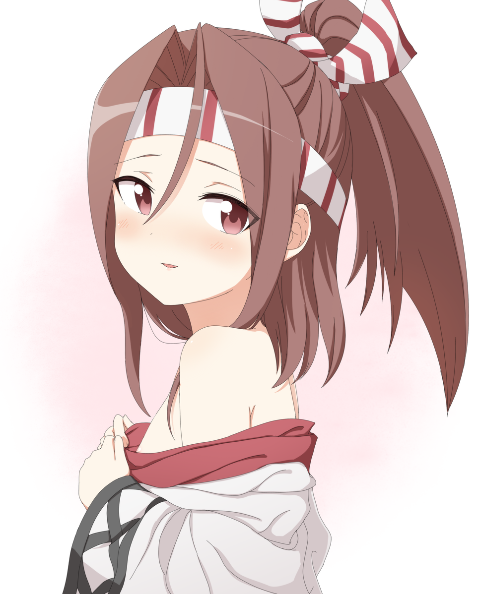 1girl :d bare_shoulders brown_eyes brown_hair engiyoshi hachimaki hakama headband japanese_clothes kantai_collection looking_at_viewer open_mouth ponytail smile solo zuihou_(kantai_collection)