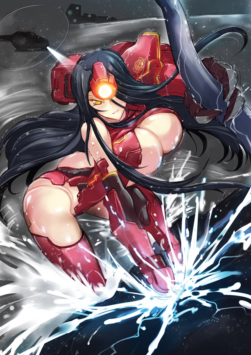 1girl armor black_hair bouncing_breasts breasts crimson_typhoon haganef hair_over_one_eye helicopter huge_breasts lights long_hair looking_at_viewer mecha_musume mechanical_arm pacific_rim personification rain smile solo storm very_long_hair water yellow_eyes