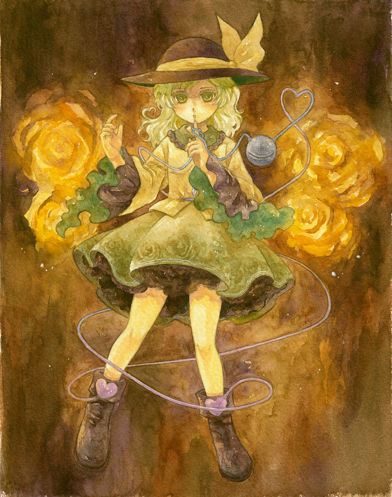 1girl boots bow flower green_eyes green_hair hat hat_bow heart heart_of_string komeiji_koishi rose shiroma_(mamiko) solo touhou yellow_rose