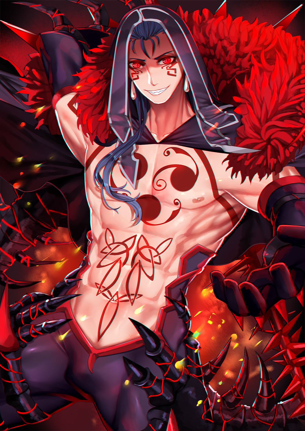 1boy armor armpits blue_hair capelet cowboy_shot cu_chulainn_alter_(fate/grand_order) earrings fate/grand_order fate_(series) gloves grin highres hood jewelry lancer long_hair looking_at_viewer male_focus red_eyes shei99 shirtless smile solo tail tattoo