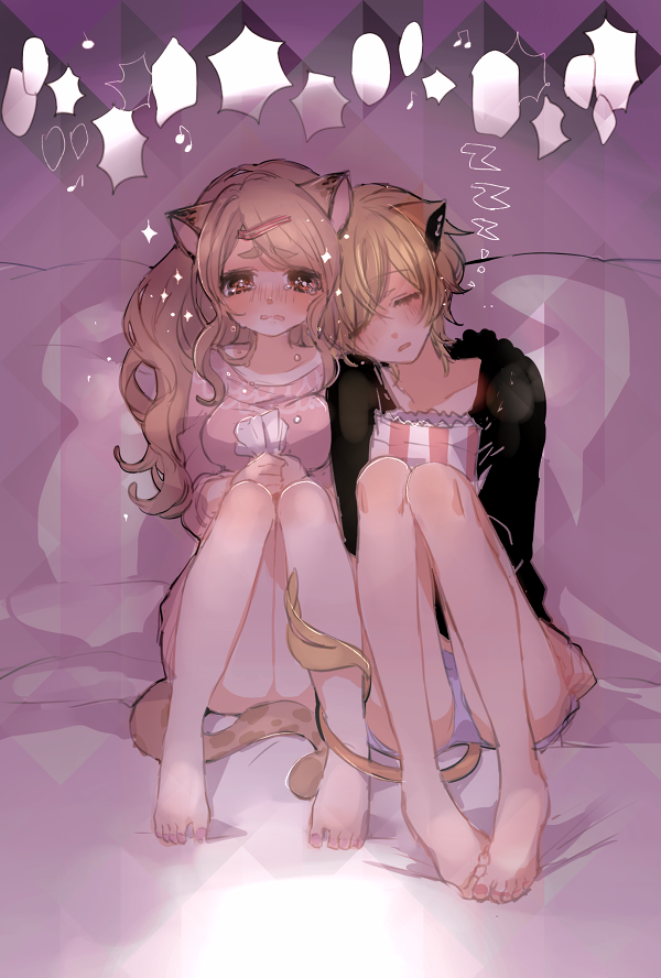 2girls animal_ears blonde_hair blush cheety_(show_by_rock!!) chino_machiko crying crying_with_eyes_open hair_ornament leaning_on_person lion_ears lion_tail long_hair lyna_(show_by_rock!!) multiple_girls short_hair show_by_rock!! sleeping tail tears yuri