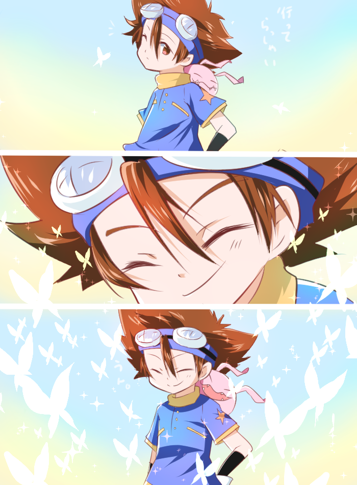 1boy 3koma arm_warmers artist_request brown_eyes brown_hair butterfly closed_eyes comic commentary digimon digimon_adventure fangs gloves goggles goggles_on_head koromon shirt smile t-shirt translated wada_kouji yagami_taichi