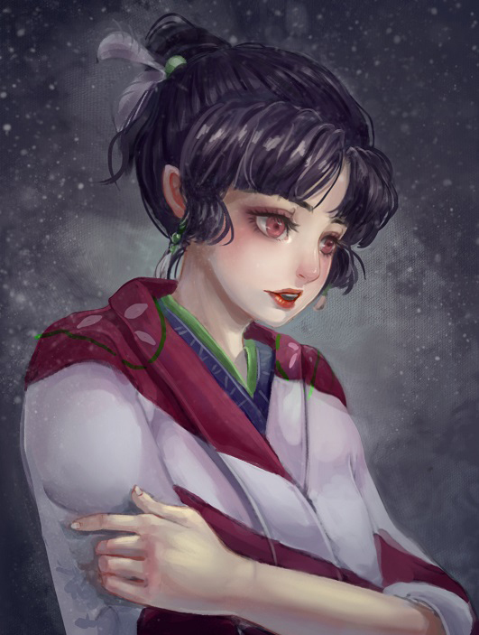 1girl arm_grab bangs black_hair earrings eyelashes feathers hair_feathers inuyasha japanese_clothes jewelry joan82610 kagura_(inuyasha) kimono open_mouth parted_bangs pointy_ears portrait red_eyes red_lips solo yukata