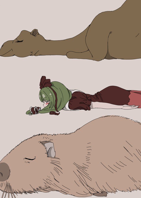 1girl animal blush_stickers bow camel closed_eyes dress front_ponytail green_hair hair_bow hair_ribbon kagiyama_hina lying on_stomach oshouyu_tabetai otter puffy_short_sleeves puffy_sleeves red_dress ribbon short_sleeves simple_background sleeping touhou whiskers