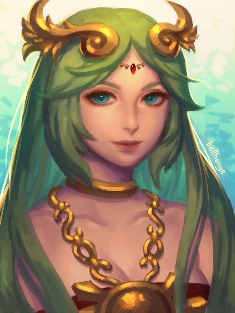 1girl artist_name bellhenge green_eyes green_hair hair_ornament highres jewelry kid_icarus kid_icarus_uprising long_hair looking_at_viewer palutena smile solo solo_focus