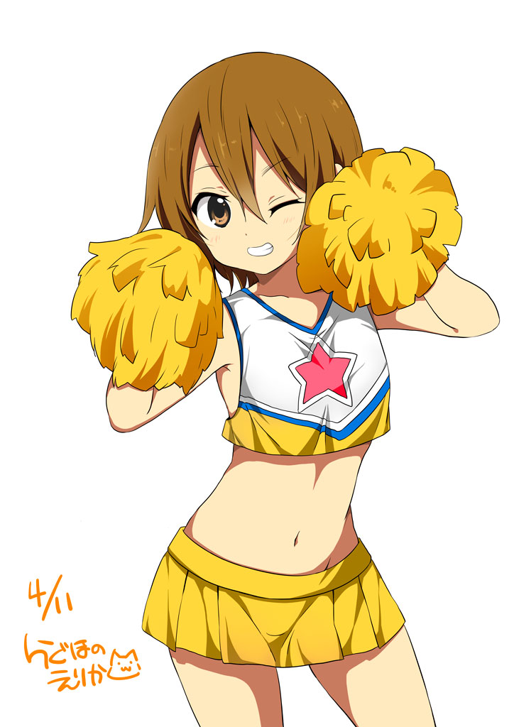1girl arms_up blush brown_eyes brown_hair cheerleader crop_top crop_top_overhang dated grin hair_down k-on! looking_at_viewer midriff navel one_eye_closed pom_poms ragho_no_erika short_hair signature skirt smile solo tainaka_ritsu