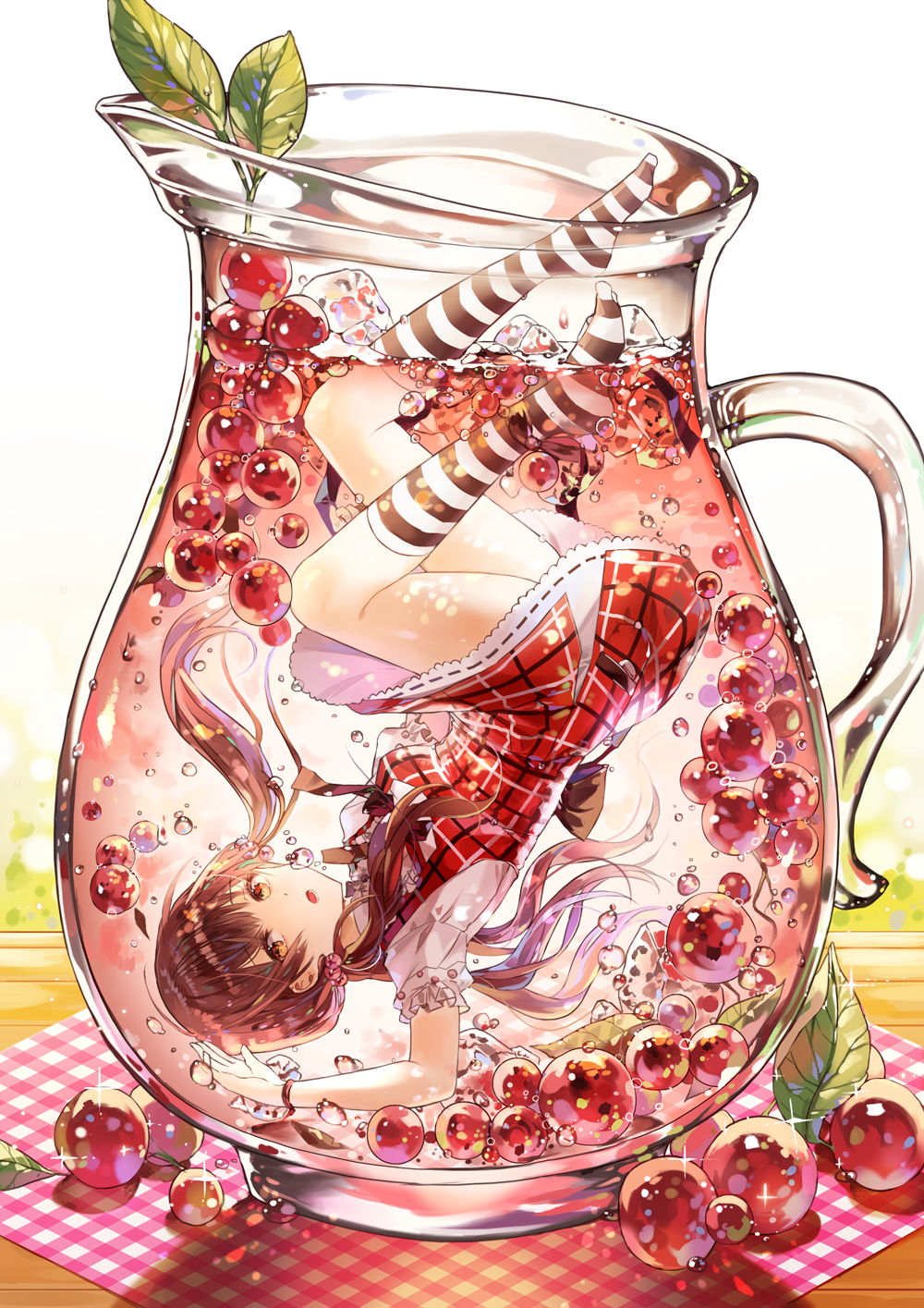 1girl bottle brown_eyes brown_hair bubble cranberry dress highres ice ice_cube in_bottle in_container kim_eb kneehighs long_hair looking_at_viewer open_mouth original pitcher plaid plaid_dress red_dress sparkle striped striped_legwear underwater upside-down