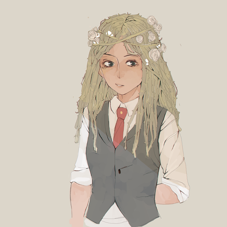 1girl ammeja beige_background boku_no_hero_academia crown_of_thorns flower green_eyes green_hair hair_flower hair_ornament long_hair necktie plant school_uniform shiozaki_ibara simple_background solo thorns vest vines