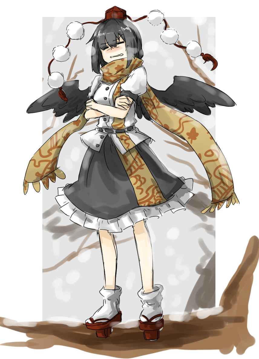 1girl black_hair black_wings closed_eyes cold crossed_arms geta hat kan_(aaaaari35) scarf shameimaru_aya solo tengu-geta tokin_hat touhou wavy_mouth wings