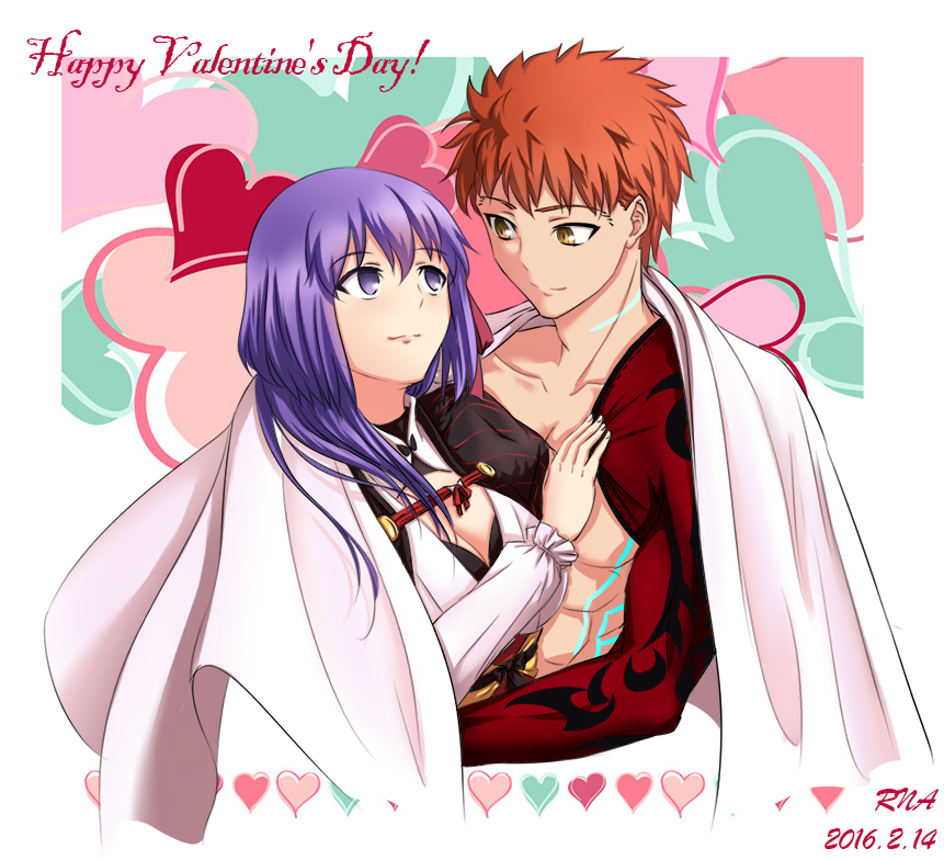 1boy 1girl 2016 abs artist_name breasts cape cleavage dated emiya_shirou fate/grand_order fate_(series) happy_valentine heart heart_background igote imaginary_around limited/zero_over looking_at_another matou_sakura orange_hair purple_hair rna_(angel-smelter) shirtless short_hair smile tattoo violet_eyes yellow_eyes
