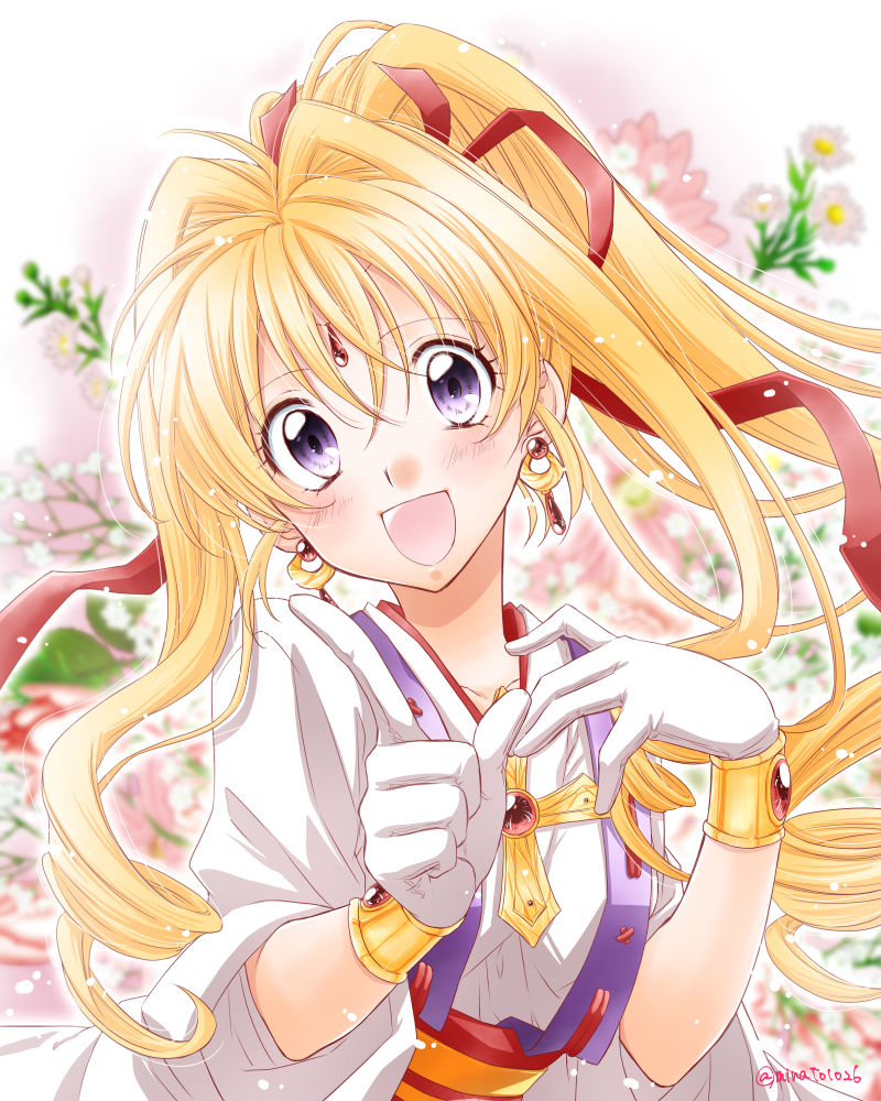 1girl :d artist_name blonde_hair blurry_background bracelet crescent crescent_earrings cross drill_hair earrings floral_background forehead_jewel gem gloves hair_ribbon high_ponytail index_finger_raised jewelry kaitou_jeanne kamikaze_kaitou_jeanne kusakabe_maron long_hair looking_at_viewer minato1026 official_style open_mouth pointing pointing_at_viewer ponytail red_ribbon ribbon sidelocks smile solo upper_body violet_eyes white_gloves