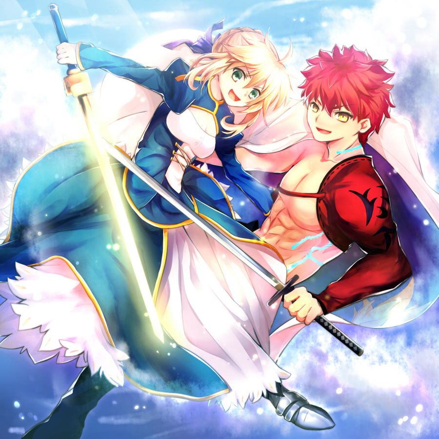 1boy 1girl :d abs blonde_hair braid cape dress emiya_shirou eru_(948143) fate/grand_order fate/stay_night fate_(series) french_braid green_eyes igote limited/zero_over looking_at_viewer messy_hair open_mouth redhead saber shirtless short_hair sidelocks smile sword tattoo weapon yellow_eyes