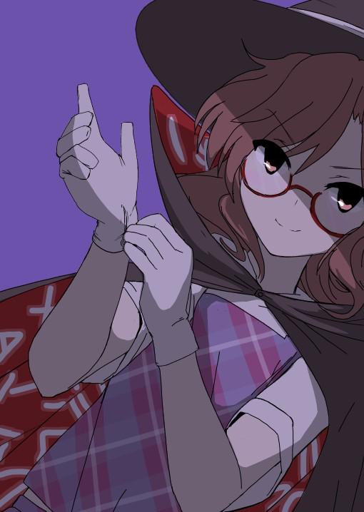 1girl black_cape brown_eyes brown_hair cape clothes_writing eyebrows eyebrows_visible_through_hair glasses gloves hat oshouyu_tabetai plaid purple_background putting_on_gloves red-framed_glasses runes semi-rimless_glasses shaded_face shirt short_hair short_sleeves simple_background smile solo touhou under-rim_glasses usami_sumireko vest white_gloves