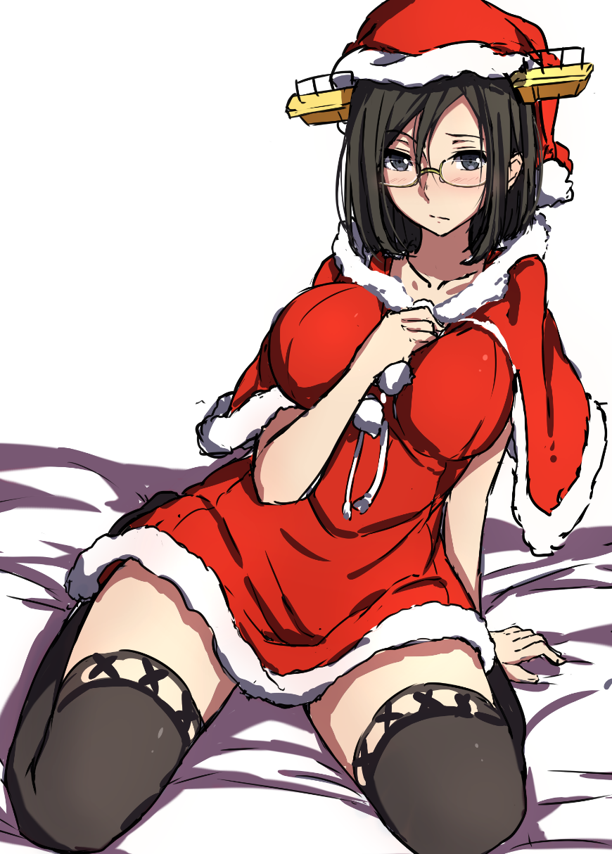 1girl black_hair breasts glasses grey_eyes hand_on_own_chest hat highres kantai_collection kirishima_(kantai_collection) santa_costume santa_hat sblack sitting solo wariza