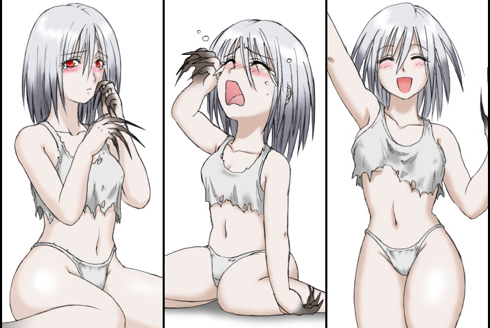 1girl blush claws grey_hair harahachibu_ajinosuke left_4_dead panties red_eyes smile tears torn_clothes underwear witch_(left4dead) zombie