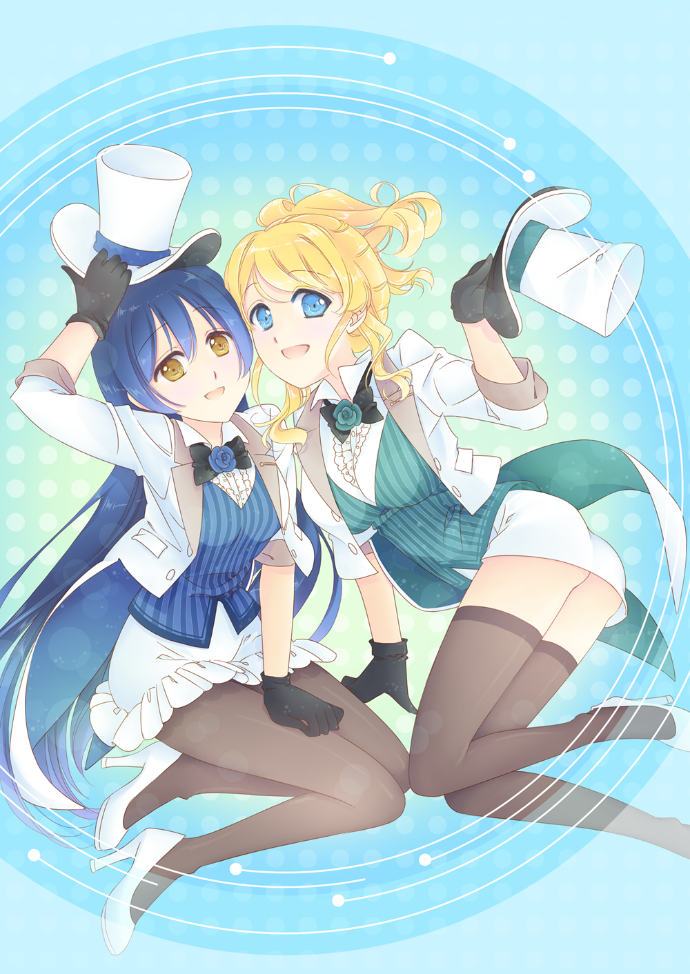 2girls ass ayase_eli bangs blonde_hair blue_eyes blue_hair bow breasts brown_eyes gloves hat high_heels highres jacket long_hair looking_at_viewer love_live!_school_idol_project magician mimori_(cotton_heart) multiple_girls open_mouth pantyhose pencil_skirt ponytail shirt skirt smile sonoda_umi thigh-highs white_shirt yuri zettai_ryouiki