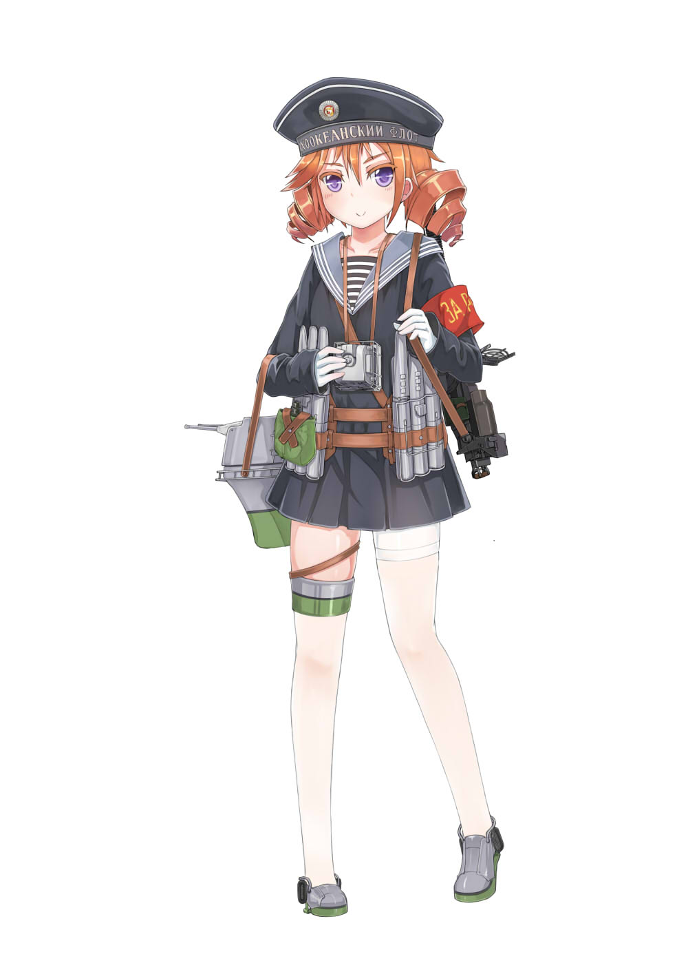1girl :&gt; armband asymmetrical_legwear belt brown_hair drill_hair flat_chest gloves gun hat highres machinery official_art pantyhose pleated_skirt ringlets russian school_uniform shoes simple_background skirt sleeves_past_wrists solo stmaster strap tashkent_(zhan_jian_shao_nyu) thigh-highs torpeo turret violet_eyes weapon white_background white_gloves white_legwear zhan_jian_shao_nyu