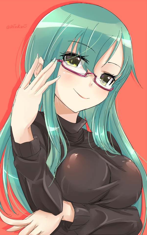 1girl bangs bespectacled breast_lift breasts eyebrows eyebrows_visible_through_hair eyes_visible_through_hair glasses kantai_collection large_breasts long_hair long_sleeves looking_at_viewer lzd nail_polish red_background semi-rimless_glasses smile solo suzuya_(kantai_collection) sweater under-rim_glasses upper_body yellow_eyes