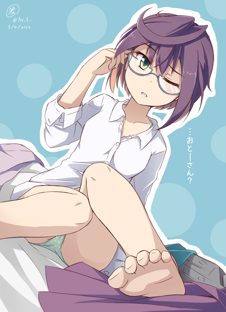 1girl adjusting_glasses ahoge blue_background blush brown_hair collared_shirt dutch_angle glasses green_eyes kantai_collection looking_at_viewer multicolored_hair okinami_(kantai_collection) one_eye_closed panties parted_lips pink_hair polka_dot polka_dot_panties shirt short_hair skirt skirt_removed solo tri underwear white_shirt