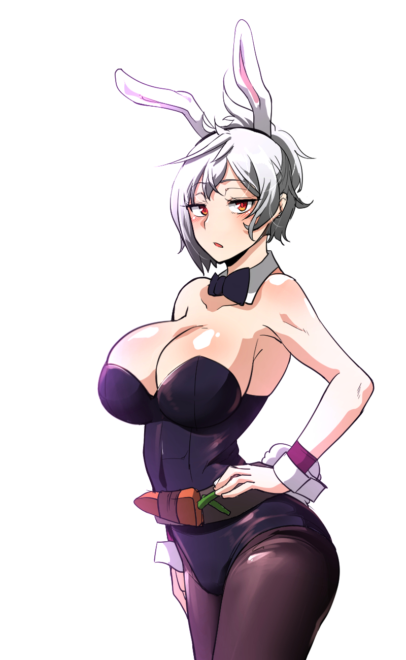 1girl animal_ears armpits bare_shoulders breasts bunny_girl bunny_tail bunnysuit carrot cleavage hand_on_hip highres large_breasts league_of_legends looking_at_viewer open_mouth pantyhose pocari_sweat_(artist) rabbit_ears red_eyes riven_(league_of_legends) silver_hair solo tail