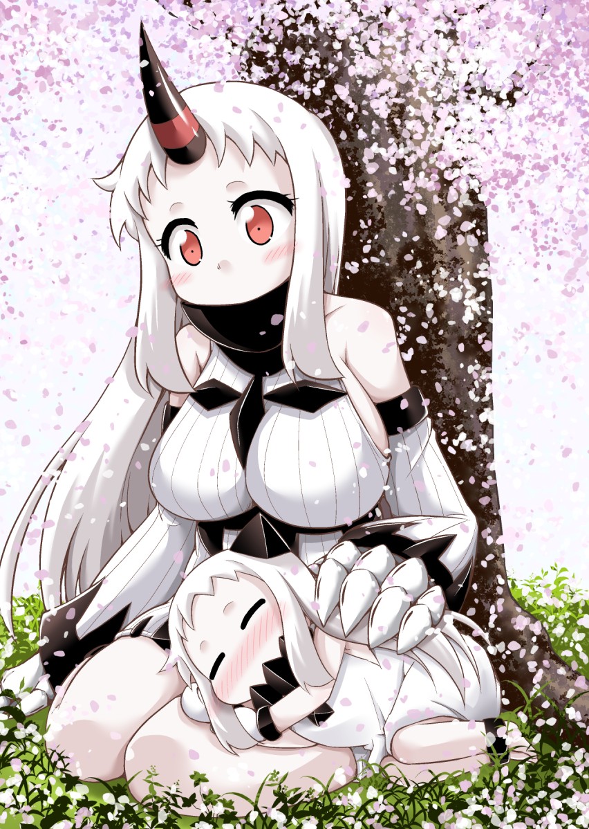 2girls albino bangs bare_shoulders barefoot blush breasts claws closed_eyes covered_mouth detached_sleeves dress full_body grass horn horns kantai_collection lap_pillow large_breasts long_hair looking_at_another lying lying_on_person mittens multiple_girls northern_ocean_hime nose_blush on_ground on_side pale_skin petals red_eyes ribbed_dress seaport_hime shinkaisei-kan short_dress sleeping sleeveless sleeveless_dress spring_(season) sweater sweater_dress tree under_tree very_long_hair white_dress white_hair white_skin yamato_nadeshiko