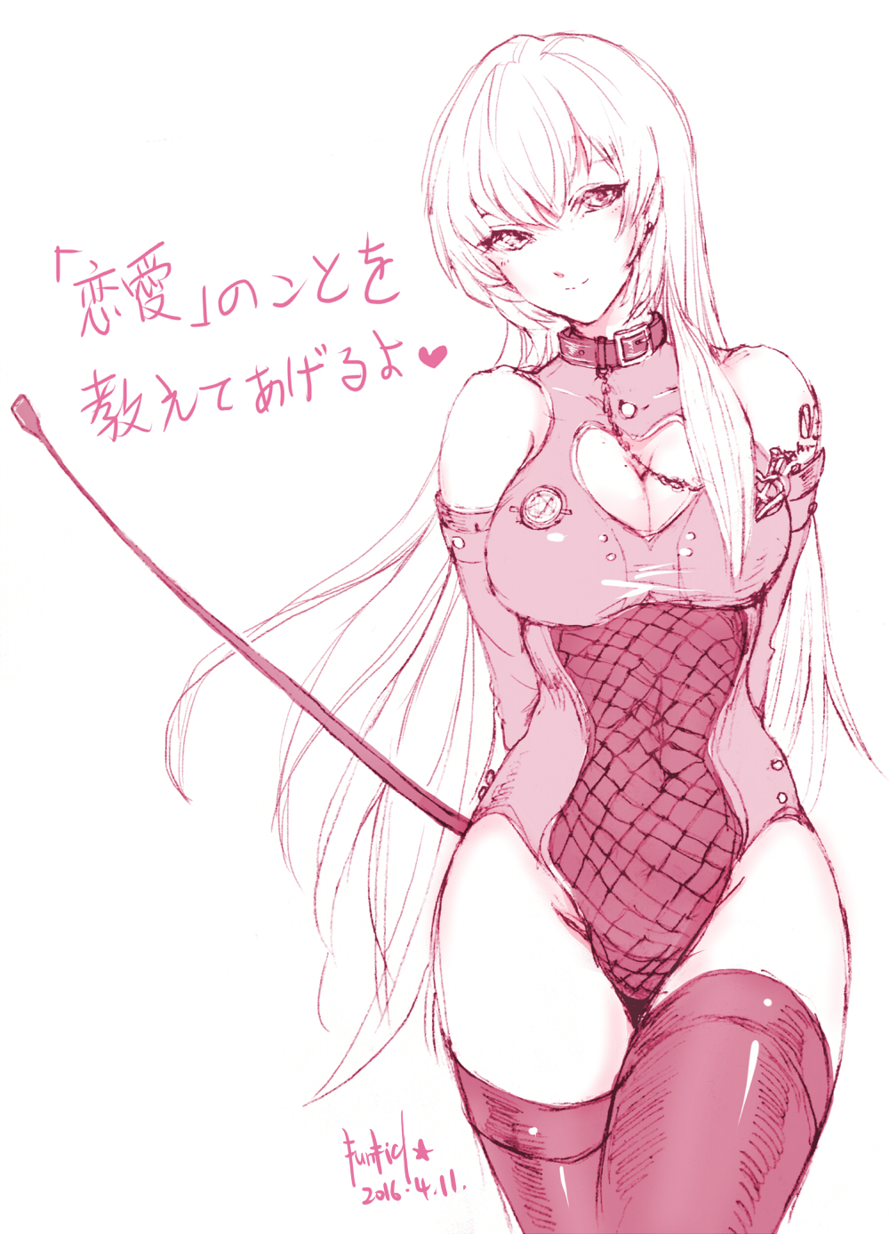 1girl 2016 alternate_costume arm_belt arms_behind_back artist_name bangs blush breasts chain cleavage cleavage_cutout closed_mouth collar covered_navel cowboy_shot dated earrings fishnets funkid head_tilt heart_cutout highres holding jewelry large_breasts leotard long_hair looking_at_viewer megurine_luka monochrome number pentagram pink riding_crop sketch smile solo star tattoo thigh-highs very_long_hair vocaloid white_background