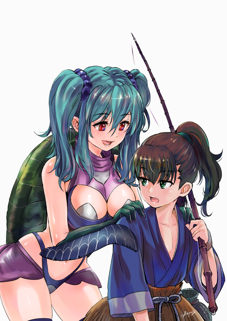 1boy 1girl :d bangs basket between_breasts bikini blue_hair blush breasts carrying_over_shoulder eyebrows eyebrows_visible_through_hair fishing_rod green_eyes hair_between_eyes hair_ornament hair_scrunchie hands_on_another's_shoulders hetero highleg_bikini holding japanese_clothes large_breasts long_hair looking_at_another looking_back navel open_mouth original overskirt personification pink_lips ponytail puca-rasu red_eyes rope scrunchie sharp_teeth shota signature simple_background smile stomach straight_shota straw string sweat swimsuit teeth thigh-highs turtle_shell turtleneck twintails urashima_tarou white_background