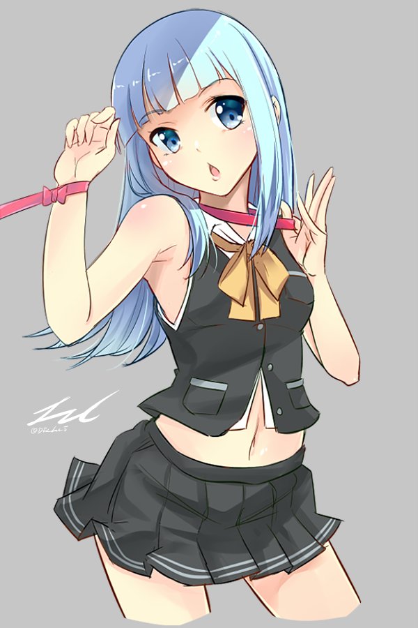 1girl armpits bangs bare_shoulders blue_eyes blue_hair blunt_bangs bow bowtie buttons choker cowboy_shot eyebrows eyebrows_visible_through_hair grey_background hatsukaze_(kantai_collection) kantai_collection long_hair lzd midriff navel open_mouth orange_bow orange_bowtie pleated_skirt pocket red_bow ribbon signature simple_background skirt sleeveless solo twitter_username vest