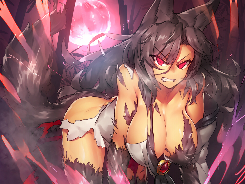 1girl all_fours animal_ears ass bare_shoulders black_hair breasts brooch cleavage clenched_teeth full_moon fur hanging_breasts heavy_breathing imaizumi_kagerou jewelry large_breasts long_hair looking_at_viewer moon red_eyes red_moon solo tail teeth temmasa22 torn_clothes touhou transformation tsurime wolf_ears wolf_tail