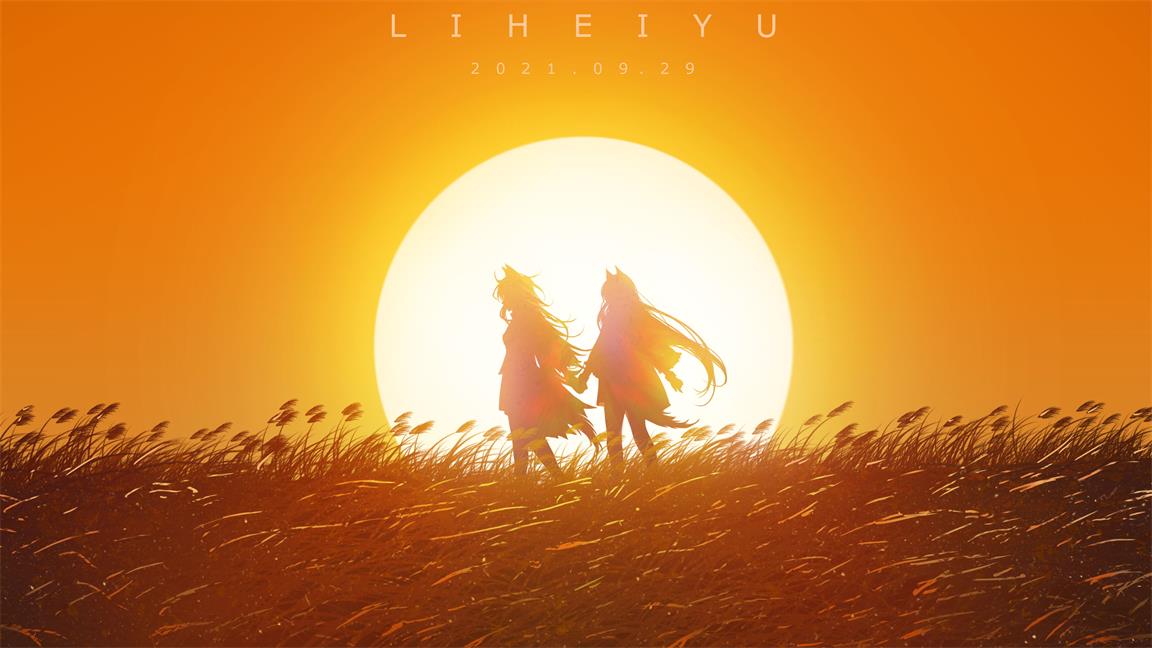 2girls anhei_dabai animal_ears arknights artist_name backlighting chinese_commentary coat commentary_request couple dated field floating_hair from_side grass lappland_(arknights) long_hair long_sleeves multiple_girls nature orange_sky orange_theme outdoors profile silhouette sky tail texas_(arknights) twilight very_long_hair walking wind wolf_ears wolf_tail yuri