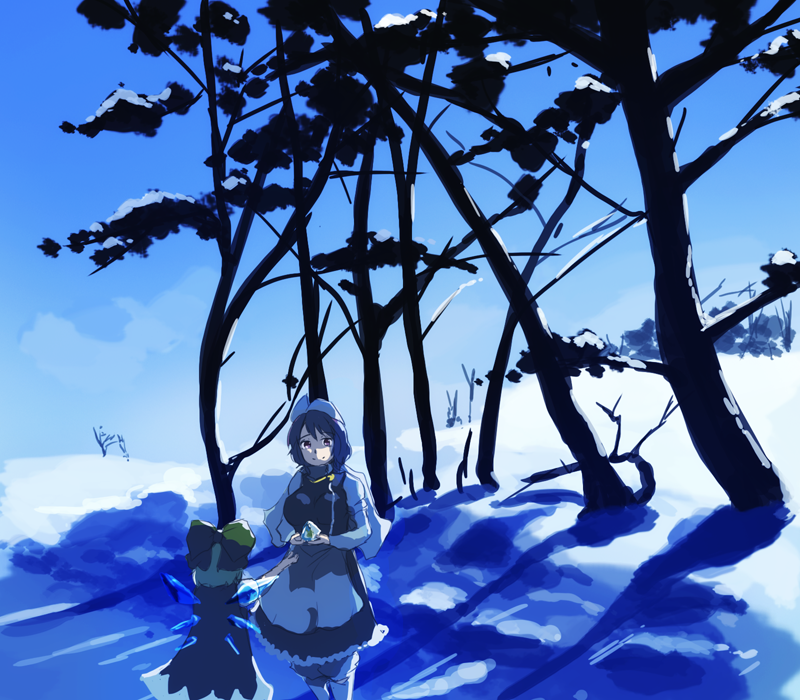 2girls apron blue_dress blue_hair blue_sky bow breasts cirno day dress frozen hair_bow hat height_difference heiya ice ice_wings letty_whiterock multiple_girls pink_eyes scarf shadow shirt short_dress short_hair sky sleeveless sleeveless_dress smile snow sunlight touhou tree waist_apron white_shirt wings