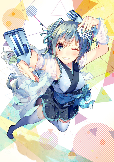 1girl ;) aqua_nails arms_up bare_shoulders blush boots breasts fingernails frills green_eyes green_hair hair_between_eyes hatsune_miku holding japanese_clothes long_hair looking_at_viewer looking_up nail_polish object_request one_eye_closed pleated_skirt shiomizu_(swat) skirt sleeveless smile solo standing_on_one_leg teeth thigh-highs thigh_boots vocaloid