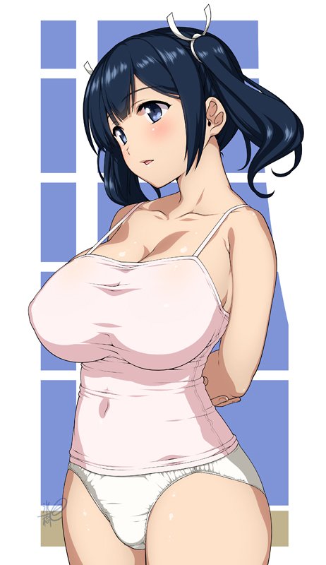 1girl bare_shoulders blue_hair blush breasts camisole hyouju_issei kantai_collection large_breasts long_hair panties solo souryuu_(kantai_collection) twintails underwear